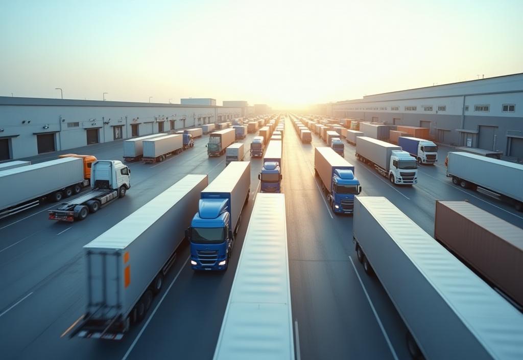 Modern logistics hub with trucks and cargo