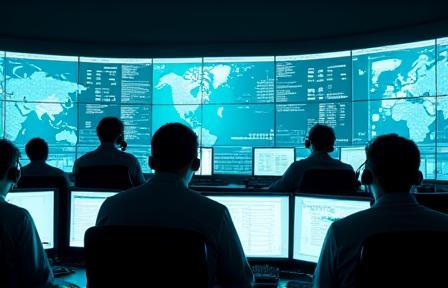 Logistics control room with staff monitoring screens