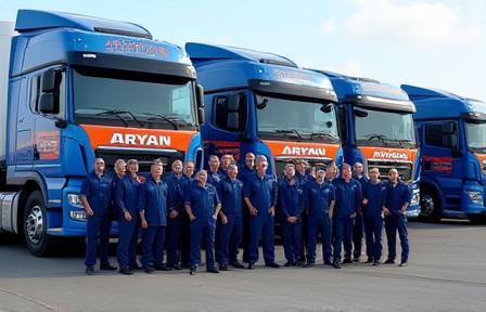 Group of drivers standing proudly by trucks