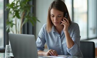 Image of person talking on phone with laptop